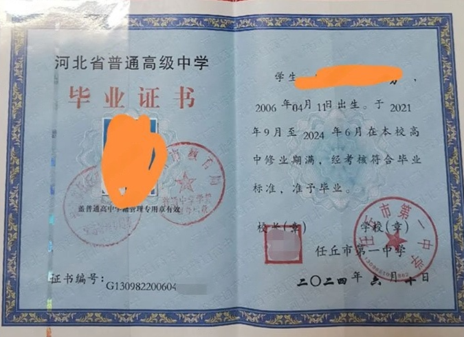 省直辖任丘市第一中学高中毕业证样本图片