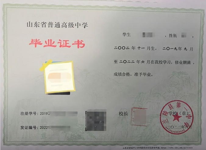省直辖兰陵县第一中学高中毕业证样本
